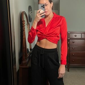 Fashion Nova Red Satin Collared Crop Top